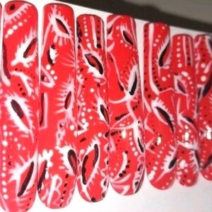 Hand crafted custom Red paisley bandanna 10pc 3xl acrylic press on nails Sz Sm